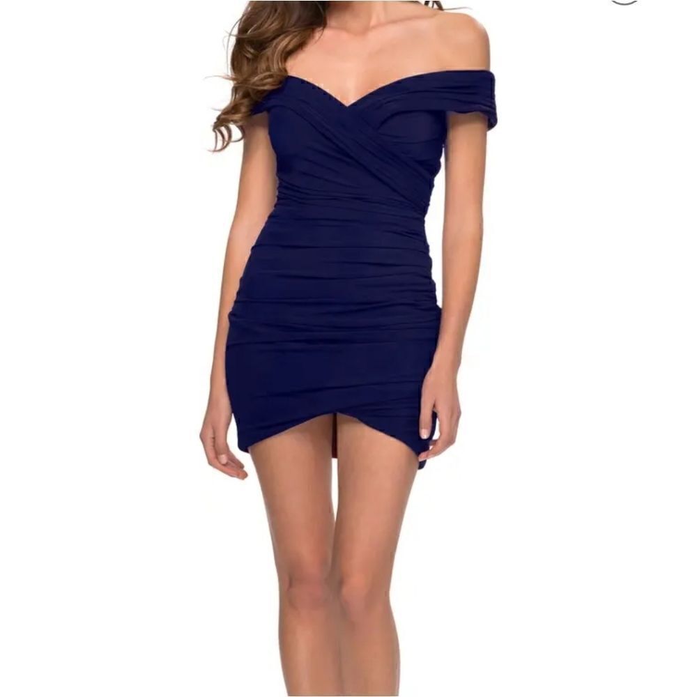 La Femme Off the Shoulder Ruched Sheath Dress